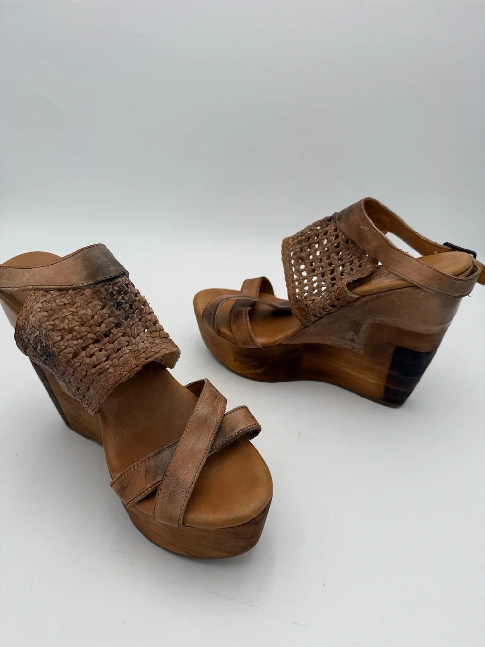 Anthropologie Bed Stu Petra Woven Leather Platform Wedge Sandals 11 Brown  Y2K